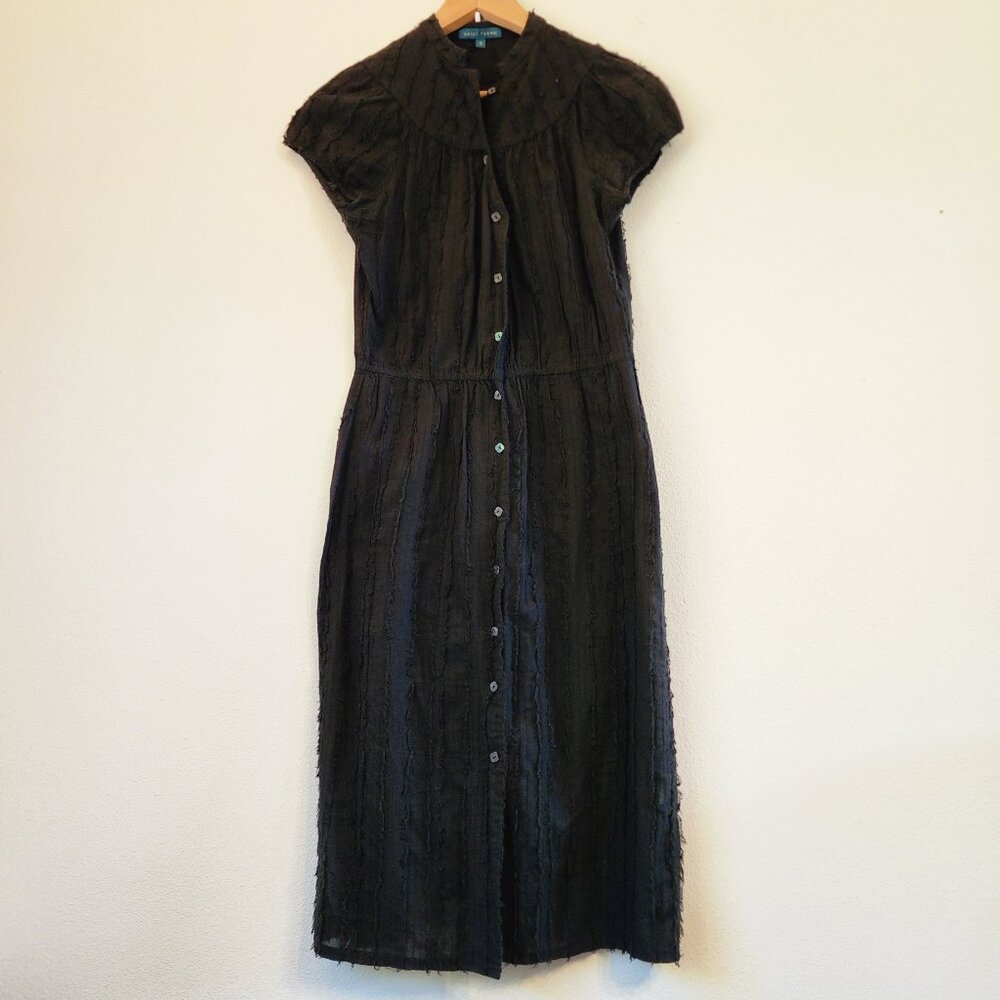 Sally Tseng Pleated fringe Cap Sleeve Midi Dress Button up Black Women 4 Classic